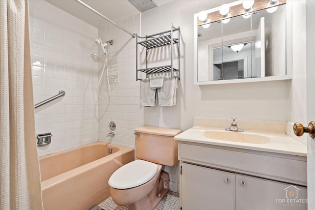 full bath featuring shower / bathtub combination with curtain, toilet, vanity, and tile patterned flooring