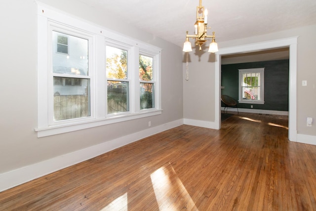 unfurnished dining area featuring plenty of natural light, baseboards, and wood-type flooring