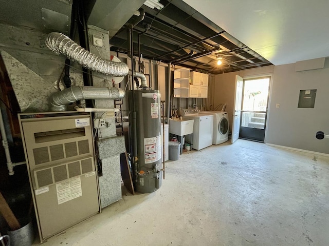 below grade area with water heater, washer and dryer, baseboards, and electric panel