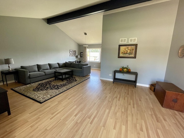 living room featuring beam ceiling, visible vents, baseboards, and wood finished floors