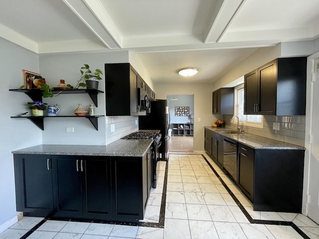 kitchen with beamed ceiling, marble finish floor, a sink, range with gas stovetop, and black dishwasher