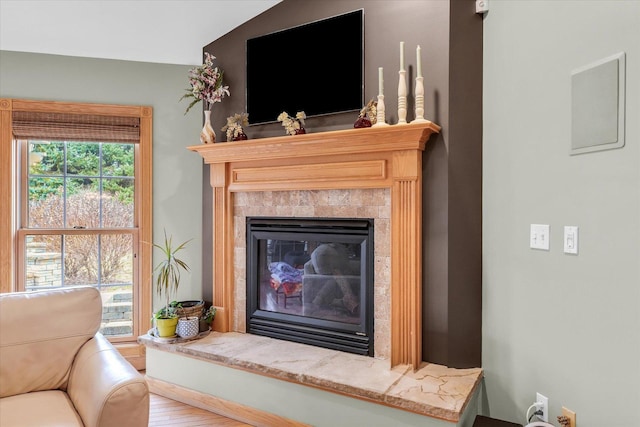 room details featuring wood finished floors and a glass covered fireplace