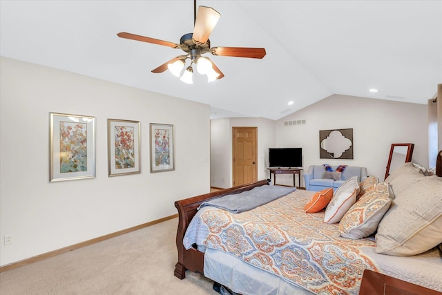 carpeted bedroom with visible vents, ceiling fan, baseboards, and vaulted ceiling