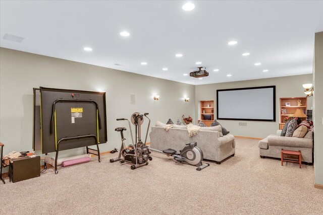 cinema room with recessed lighting, baseboards, and carpet floors