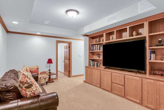 living area with visible vents, recessed lighting, crown molding, baseboards, and light colored carpet