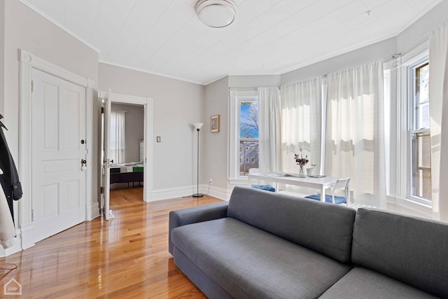 living area featuring a wealth of natural light, light wood finished floors, crown molding, and baseboards