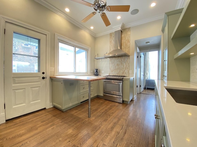 kitchen featuring stainless steel range with gas cooktop, radiator heating unit, dark wood-style flooring, crown molding, and wall chimney range hood