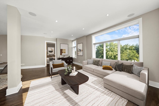 living room featuring recessed lighting, wood finished floors, and baseboards