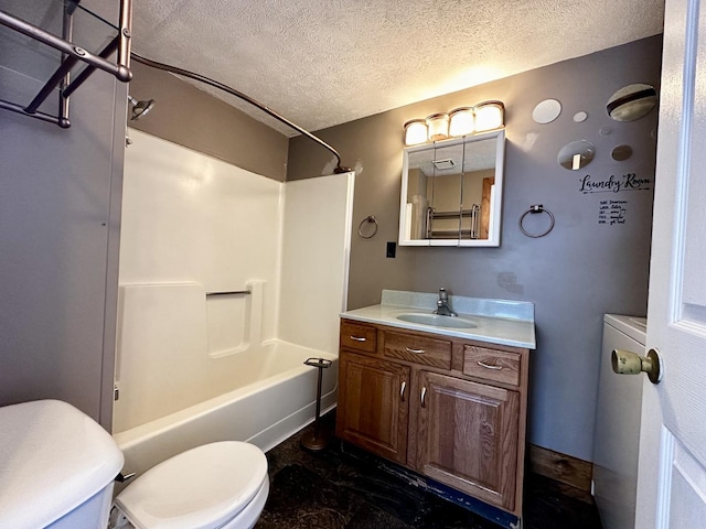 bathroom featuring toilet, a textured ceiling, baseboards, bathtub / shower combination, and vanity