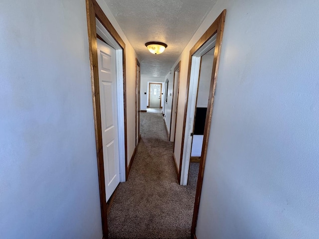 hallway with carpet and a textured ceiling