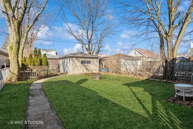 view of yard featuring an outbuilding and a fenced backyard