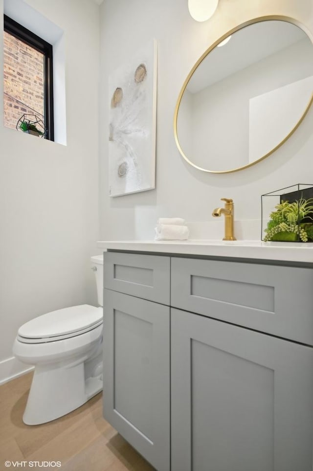 bathroom featuring toilet, wood finished floors, and vanity