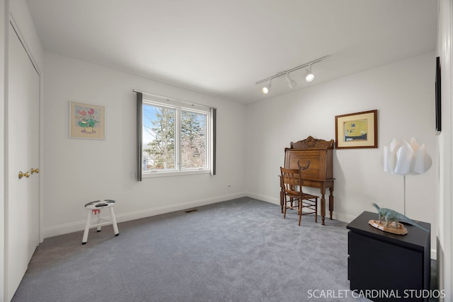 miscellaneous room featuring carpet, visible vents, baseboards, and track lighting