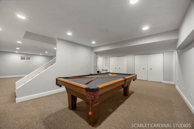 playroom featuring baseboards, recessed lighting, and carpet