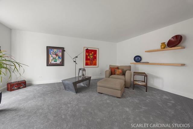 living area featuring carpet and baseboards