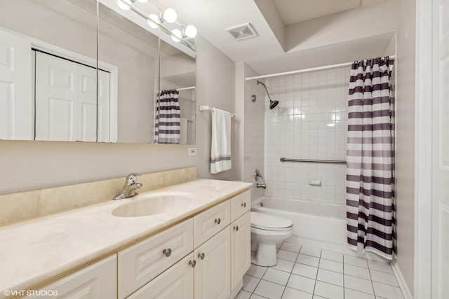 full bath featuring visible vents, toilet, tile patterned flooring, shower / bath combination with curtain, and vanity