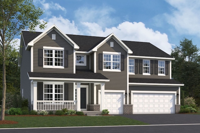 view of front of property with driveway, brick siding, a porch, and an attached garage