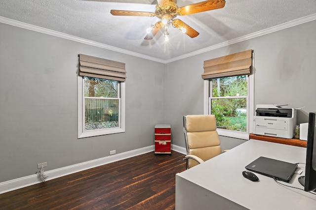 office featuring a wealth of natural light, ornamental molding, ceiling fan, and dark wood-style flooring