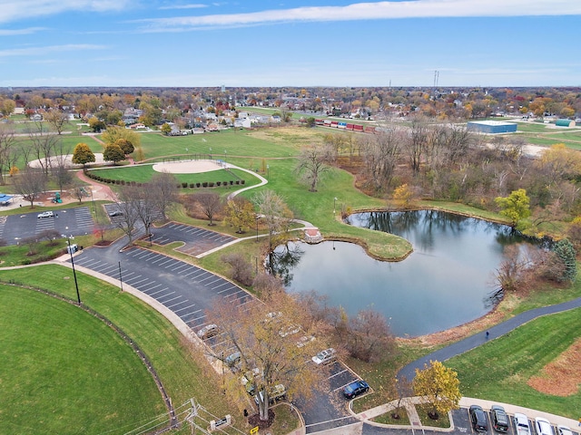 drone / aerial view with a water view