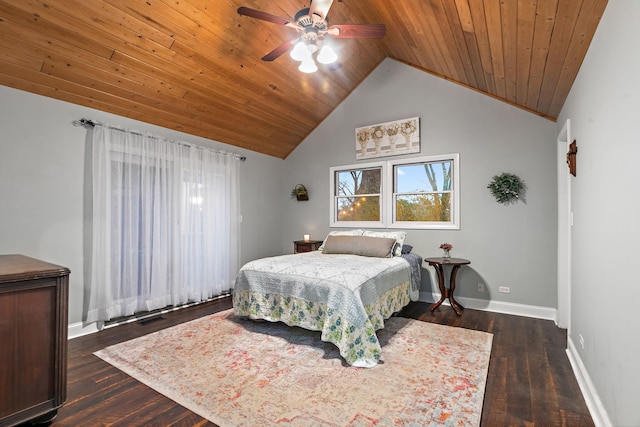 bedroom with ceiling fan, baseboards, wooden ceiling, and dark wood-style flooring