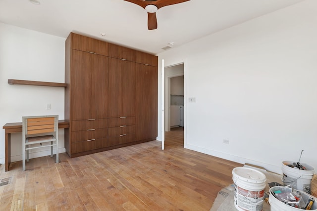 unfurnished bedroom with visible vents, baseboards, light wood-type flooring, and ceiling fan