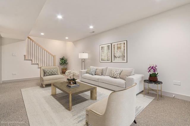 living area featuring stairway, light carpet, baseboards, visible vents, and recessed lighting