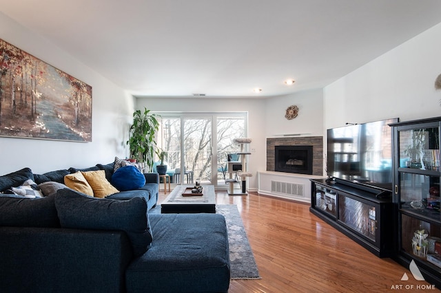 living room featuring a fireplace and wood finished floors