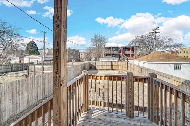 wooden deck featuring a residential view and a fenced backyard