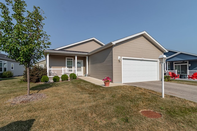 ranch-style home with a porch, an attached garage, a front lawn, and driveway