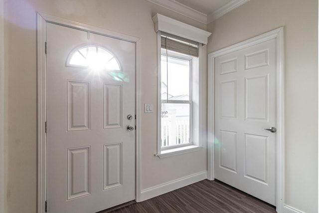 entryway with dark wood finished floors, crown molding, baseboards, and a wealth of natural light