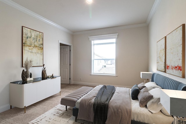 bedroom with light carpet, baseboards, and ornamental molding