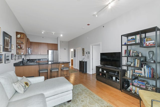 living area with wood finished floors, rail lighting, and vaulted ceiling