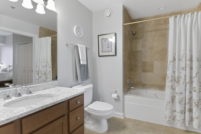 full bathroom featuring tile patterned floors, toilet, shower / bath combo, and vanity