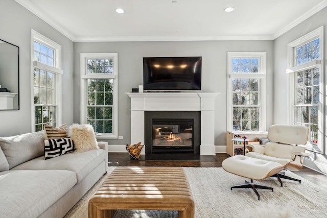 interior space featuring a fireplace with flush hearth, crown molding, baseboards, and wood finished floors