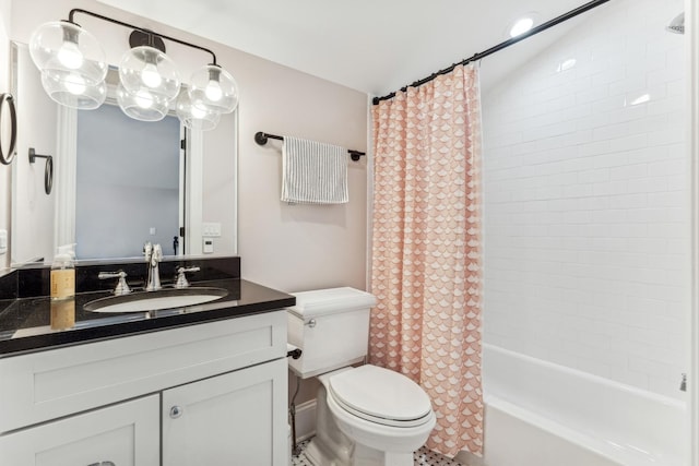 bathroom featuring vanity, toilet, and shower / bathtub combination with curtain