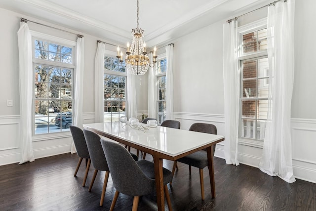 dining area featuring a healthy amount of sunlight, dark wood-style floors, and wainscoting