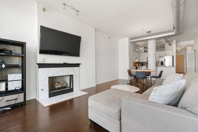 living area featuring track lighting, wood finished floors, baseboards, and a premium fireplace