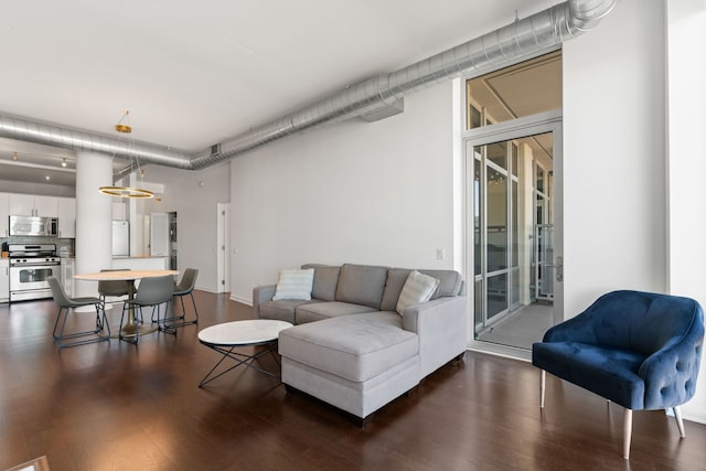 living room featuring dark wood-style flooring