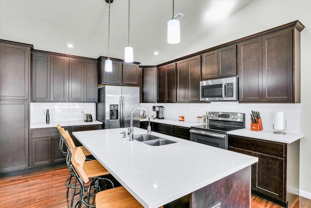 kitchen with dark brown cabinets, wood finished floors, appliances with stainless steel finishes, and a sink