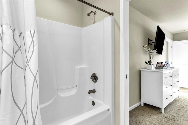 full bath with vanity, tub / shower combination, and baseboards