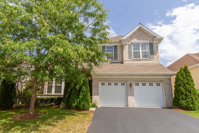 view of front of home with a front yard, roof with shingles, a garage, aphalt driveway, and brick siding