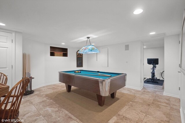 rec room featuring pool table, recessed lighting, and baseboards