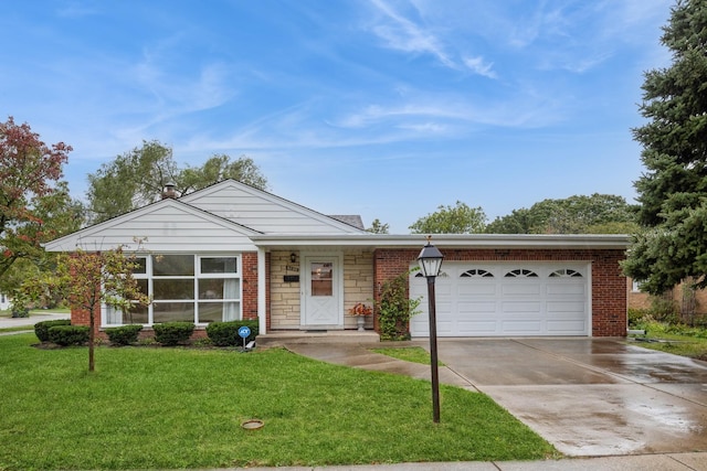 single story home with driveway, stone siding, a front yard, a garage, and brick siding