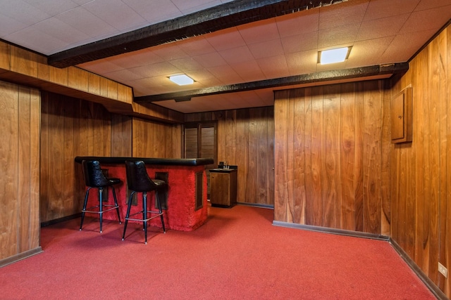 bar with carpet, a dry bar, and wood walls