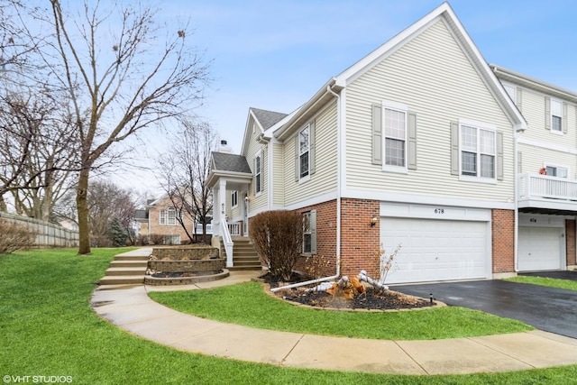 view of property exterior with brick siding, a lawn, driveway, and an attached garage