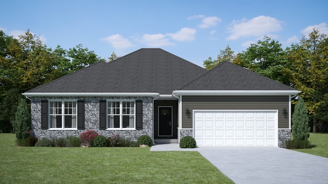 view of front facade featuring concrete driveway, a front yard, roof with shingles, a garage, and stone siding