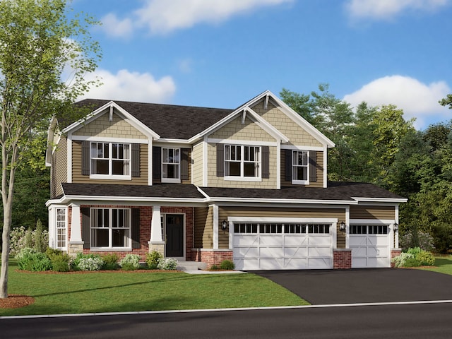 craftsman-style house with a front lawn, brick siding, an attached garage, and driveway