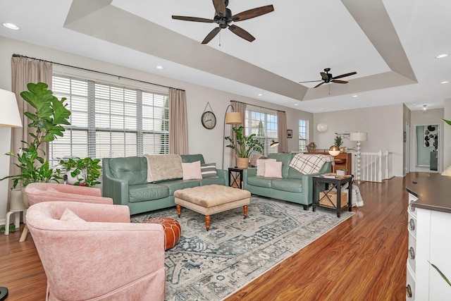 living room with a tray ceiling, wood finished floors, a ceiling fan, and a wealth of natural light