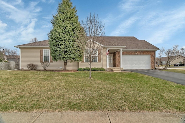 ranch-style home with driveway, a front yard, fence, an attached garage, and a shingled roof