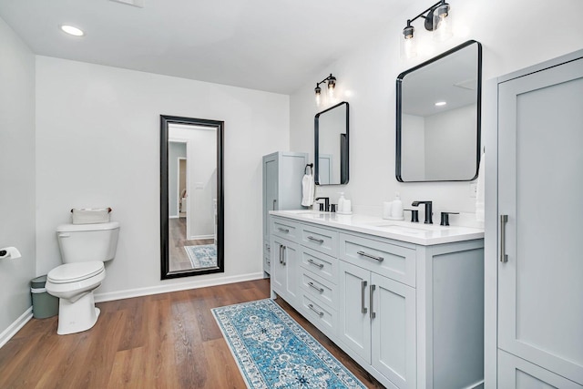 bathroom with baseboards, double vanity, toilet, wood finished floors, and a sink